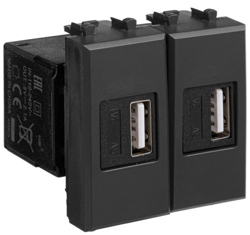 Розетка USB тип А+А модульная DKC Avanti 2-м. 2 мод. 2100мА черный матовый картинка